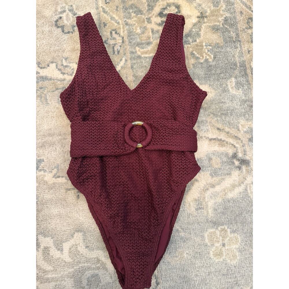 Montce Maroon Crochet Kim One-Piece Belted Swimsuit XL NEW - Picture 5 of 10